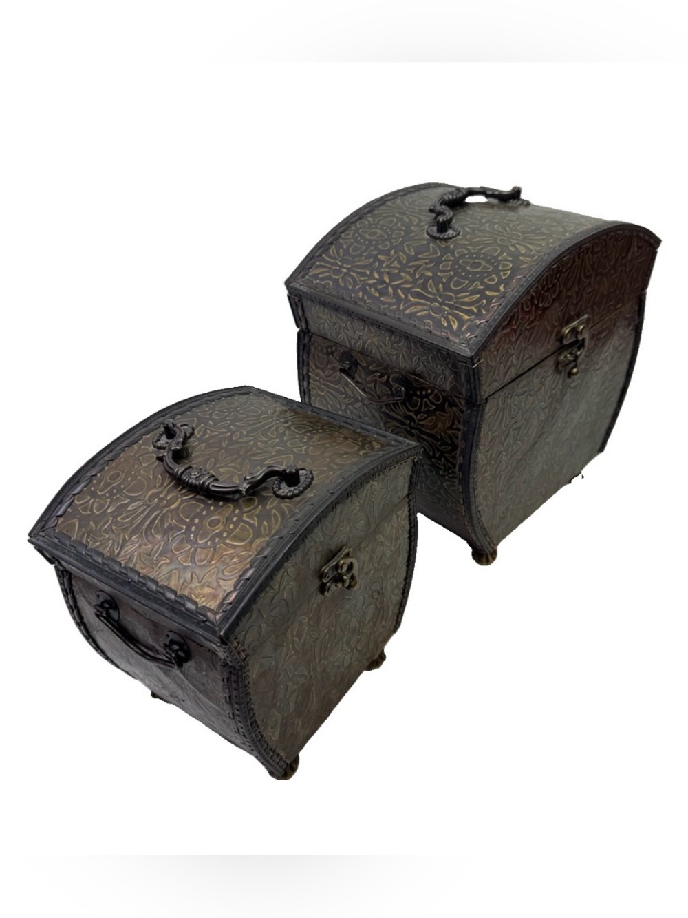 Nesting 2-Piece VTG Decorative Storage Chest Box Set Arched Lid Velvet Lined Flo